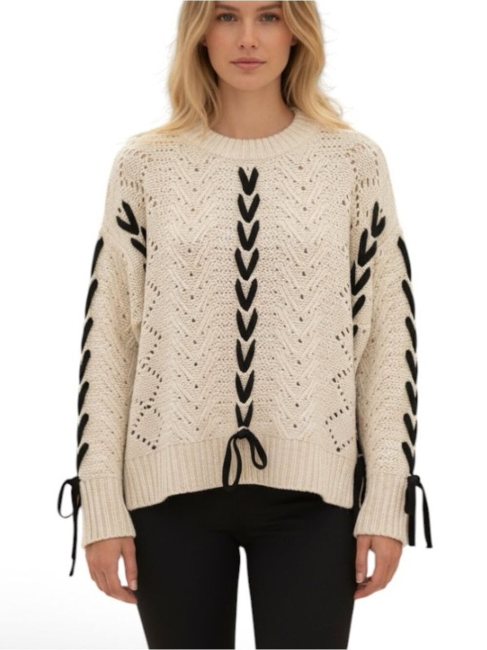 Retrod Oversized Chunky Knit Cream Sweater with Black Lacing Detail Large